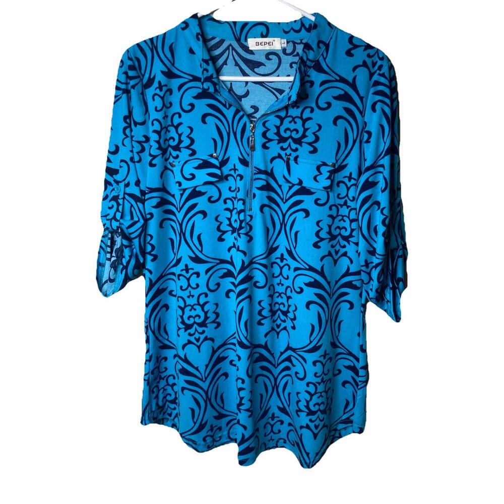 Bepei Women Large Blue Swirl 3/4 Sleeve V-Neck 1/4 Zipper Stretch Tunic Top